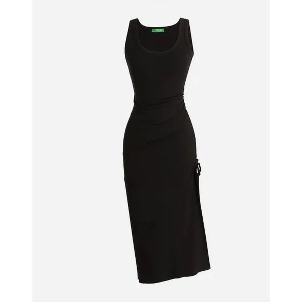 J.Crew | Ruched‎ Midi Tank Dress in Vintage Rib S Black Side Slit Ruched BP250
